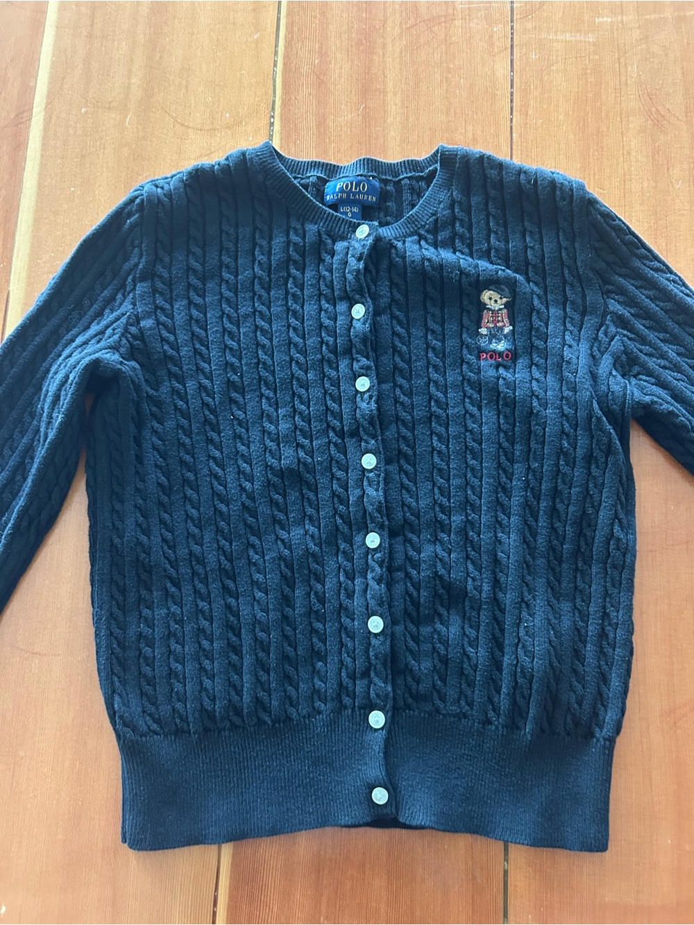 Kids Polo by Ralph Lauren Navy Cable Knit Cardigan with Bear Embroidery